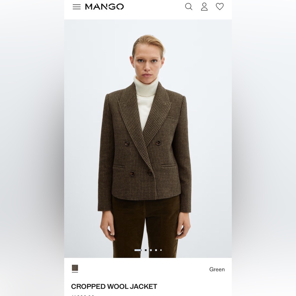 NWT Mango Olive Green Houndstooth Wool Cropped Blazer